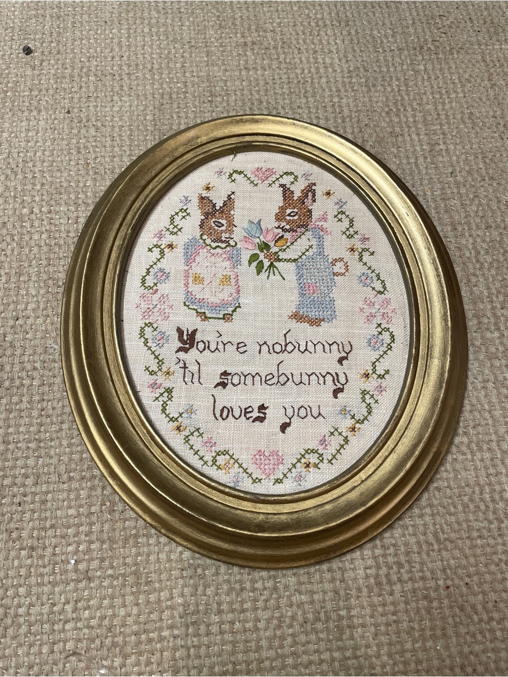 Vintage Framed Needlepoint Wall Art You’re Nobunny 'Til Some Bunny Loves You